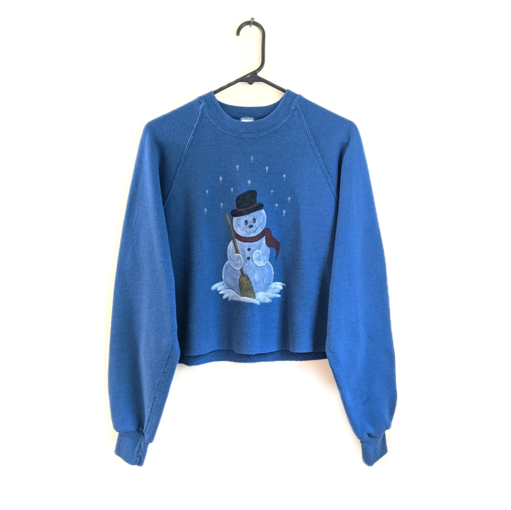 Vintage 90s Christmas Blue Snowman Cropped Crew Neck Sweater